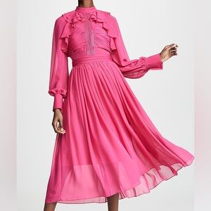 Self- Portrait Fuchsia Pink Long Sleeve Chiffon Midi Dress Size US 0